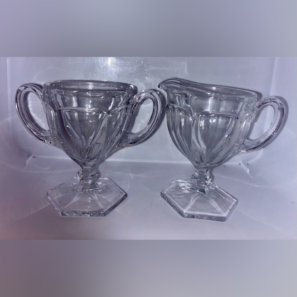 1982 Fostoria Virginia Pattern Clear Glass Hexagon Footed Sugar Bowl & Creamer